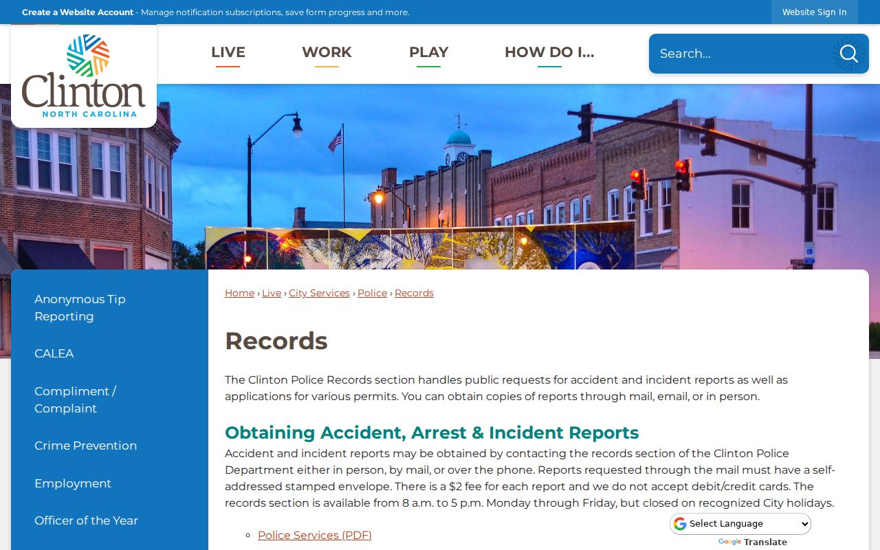 Clinton criminal records request information from Clinton Police Records