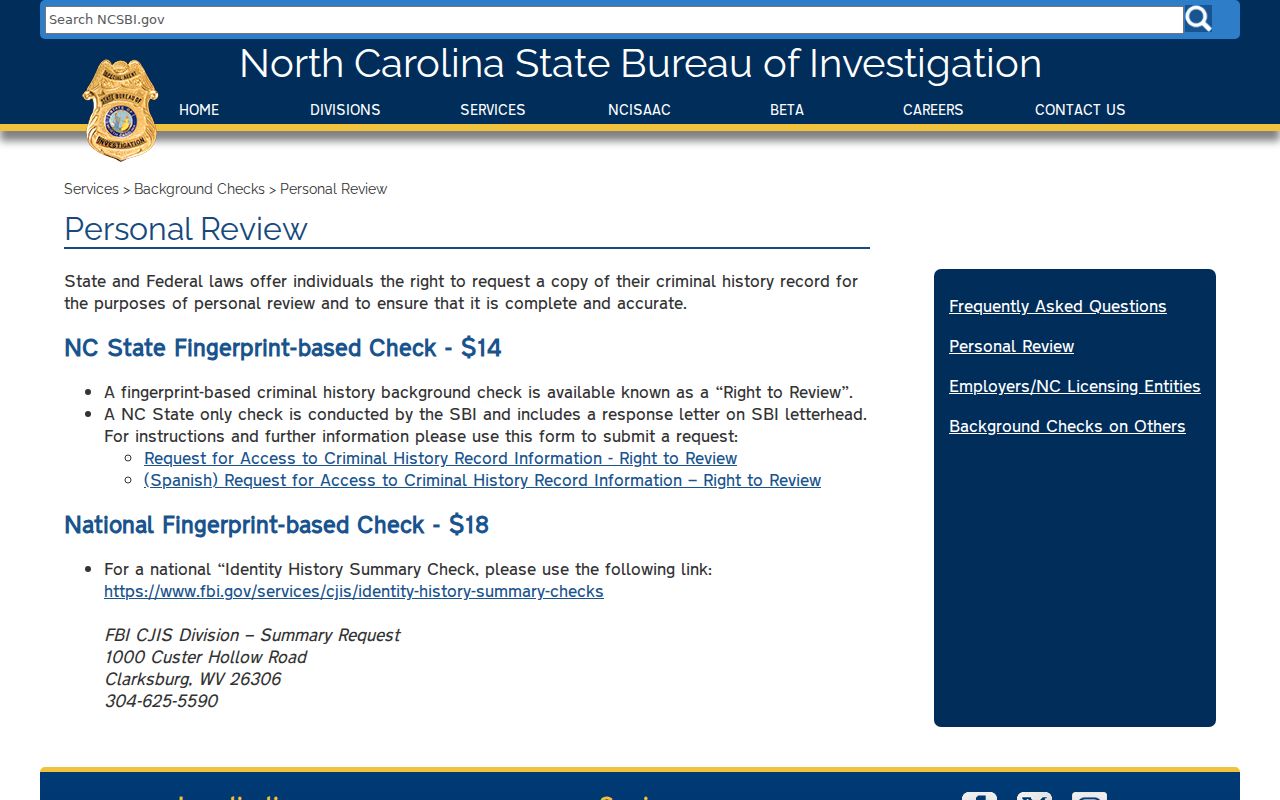 SBI fingerprint personal record review instructions