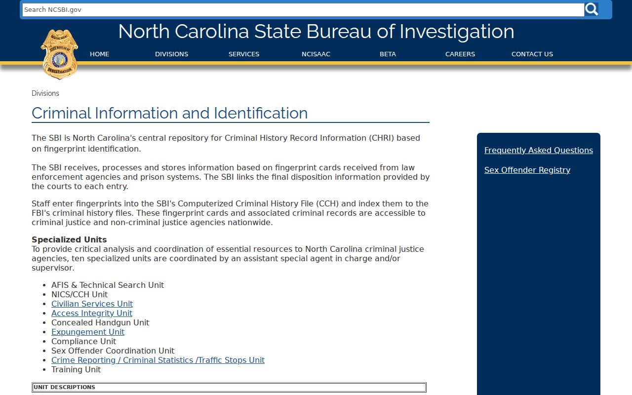 North Carolina SBI criminal history repository information